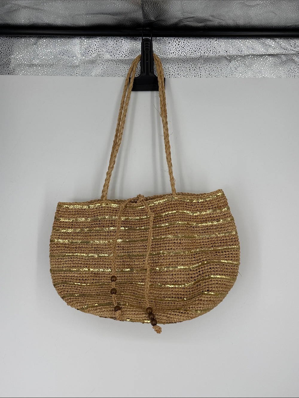 J Crew Straw Woven Tote Bag with Gold Sequin Stripes